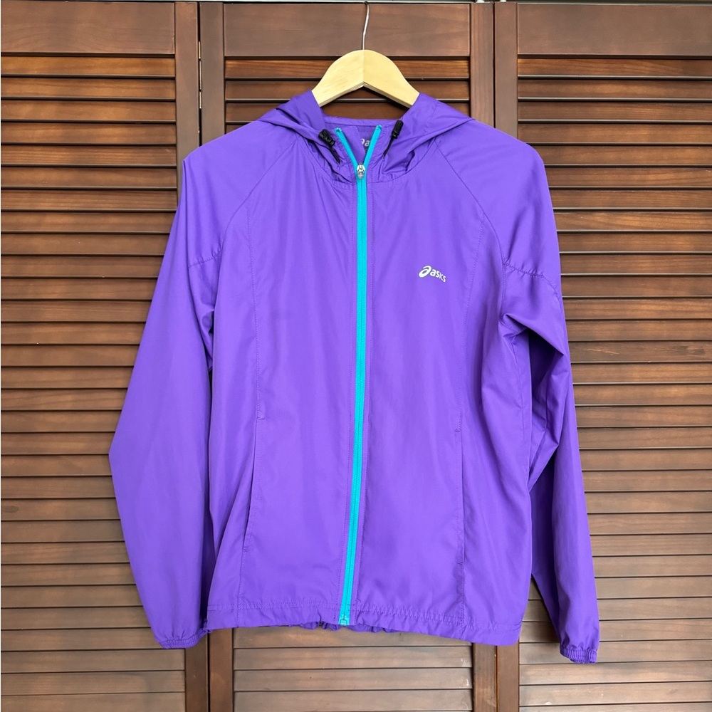 ASICS Women's Windbreaker Hooded Full Zip Purple Jacket Teal Zipper Size M